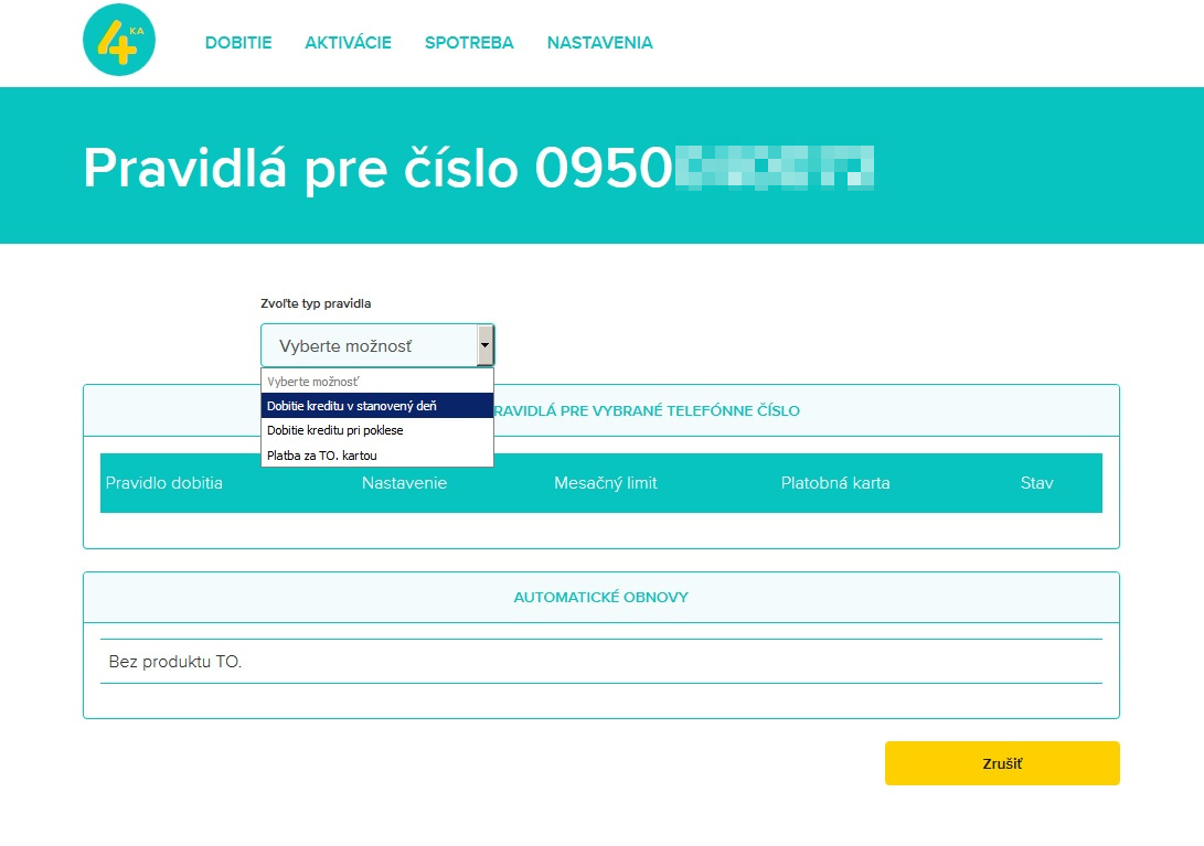 Moja zóna 4ka.sk - nastavenie pravidiel automatického dobitia kreditu a paušálov TO. 