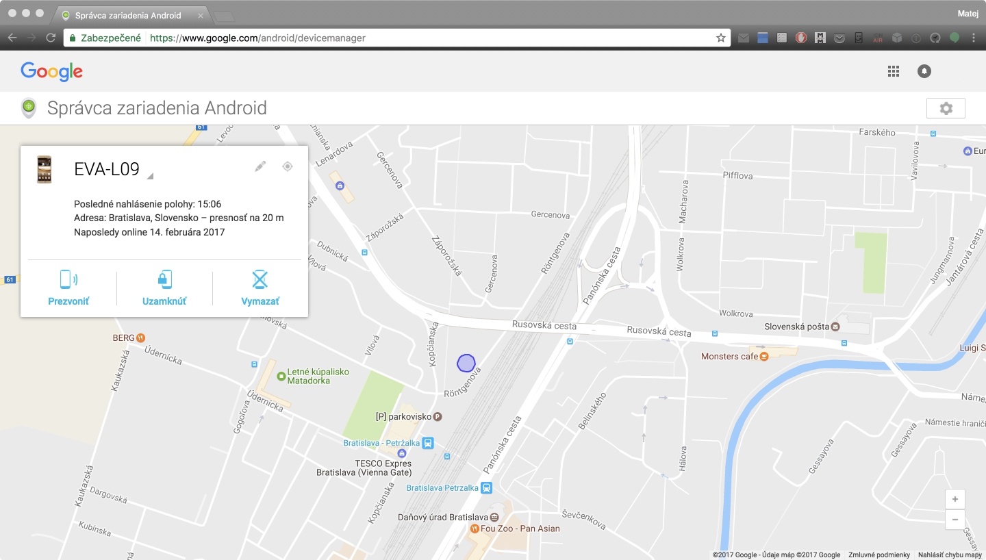 Správca zariadenia Android - zobrazenie ukradnutého zariadenia na mape 